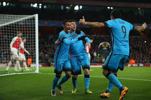 Messi, Neymar and Suarez celebrating